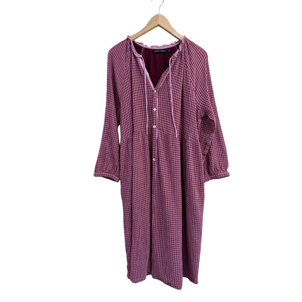 Gudrun Sjoden Organic Cotton Gingham Check Midi Dress Pink Red Large Lagenlook